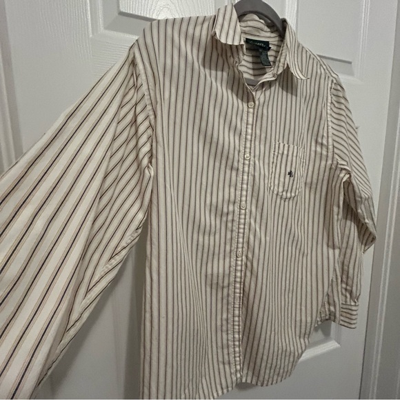 Lauren Ralph Lauren Beige Striped Button-Down Shirt - Picture 9 of 9